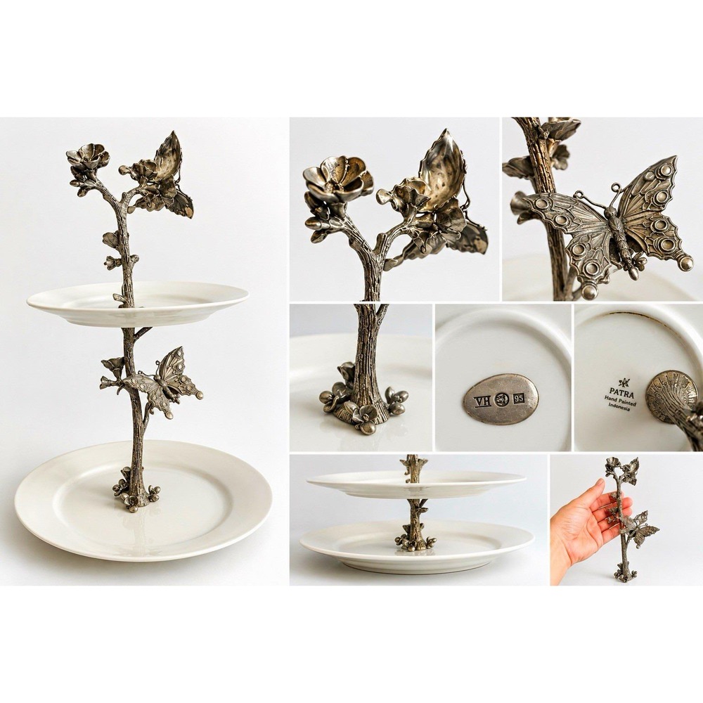 PATRA 2-Tier White Ceramic & Silver Metal Round Cake Stand Floral Butterfly 3D